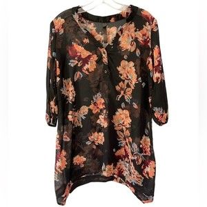 Sheer Black Floral 3/4 Sleeve Shark Bite Hem Women’s Top L